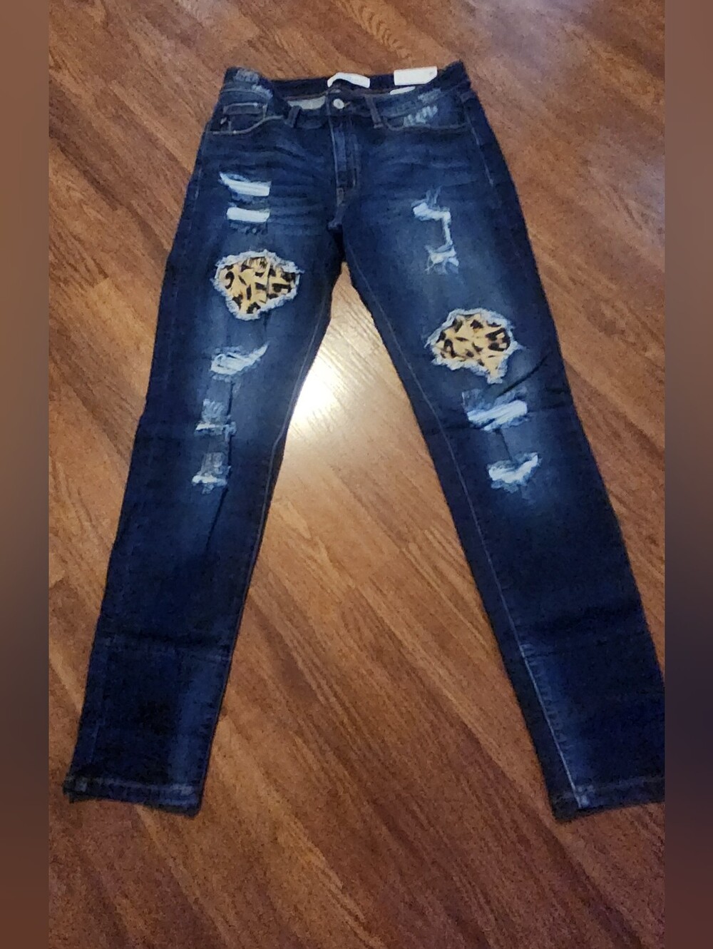 KanCan Dark Blue Ripped Straight Jeans with Leopard Patch